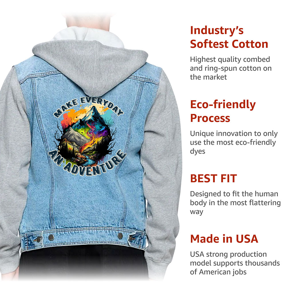 Men’s Denim Jacket with Fleece Hoodie – “Everyday Adventure” – Mountain Print – Blue & Gray - View 5