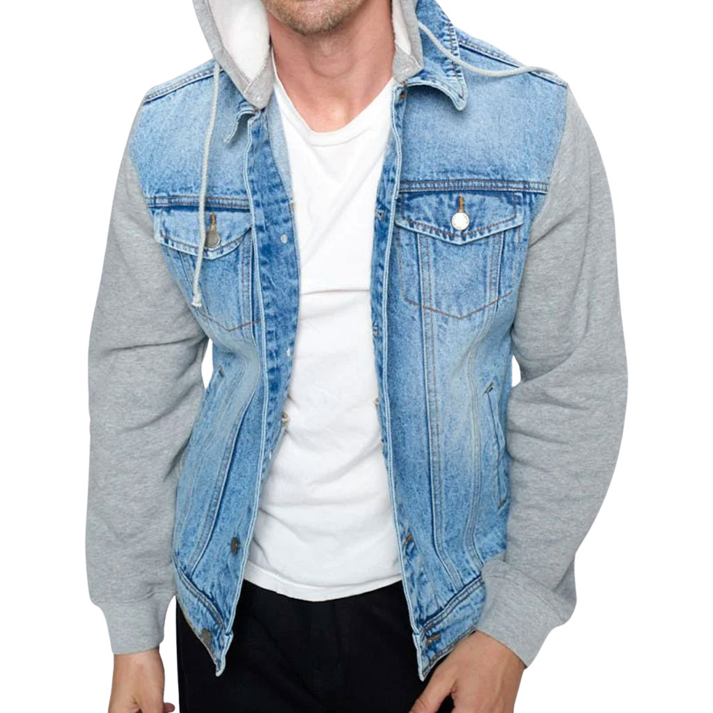 Men’s Denim Jacket with Fleece Hoodie – “Everyday Adventure” – Mountain Print – Blue & Gray - View 2