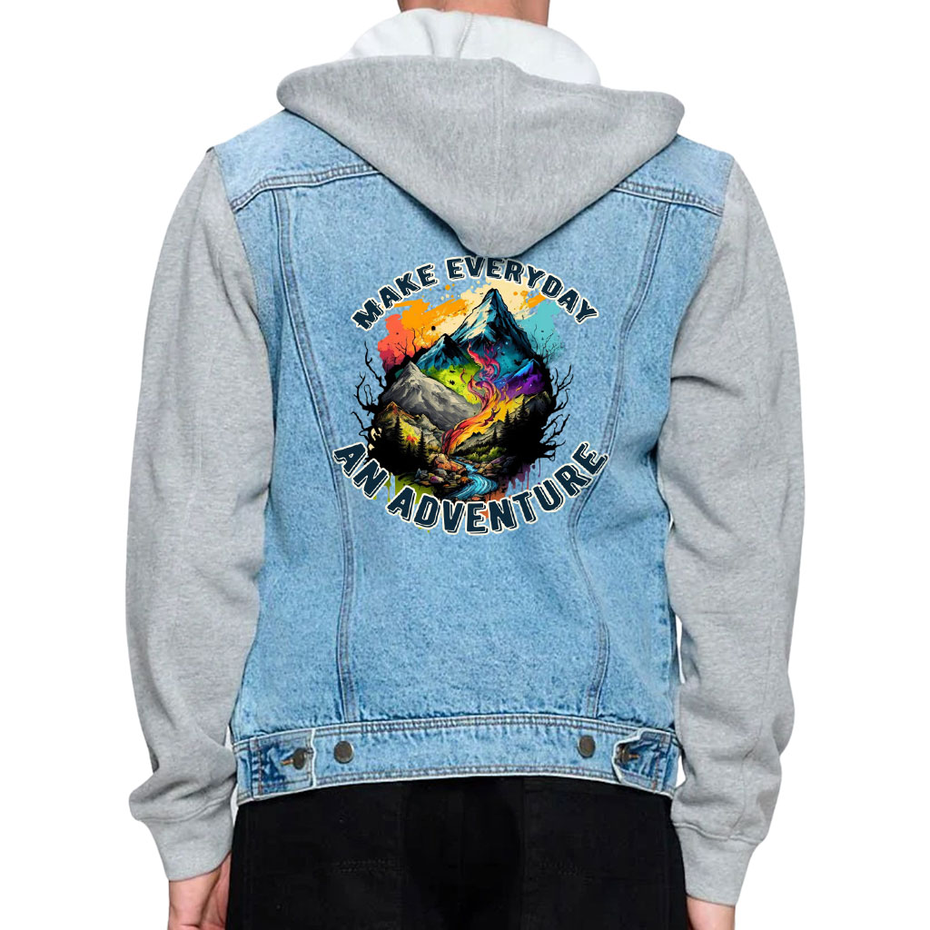 Men’s Denim Jacket with Fleece Hoodie – “Everyday Adventure” – Mountain Print – Blue & Gray