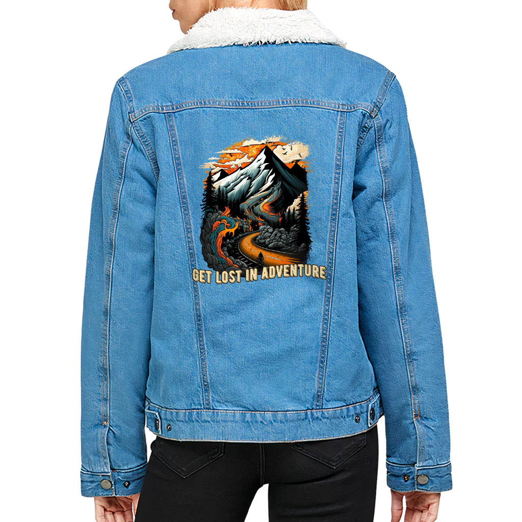 Women’s Sherpa Denim Jacket – “Lost In Adventure” – Landscape Print – Bright Blue