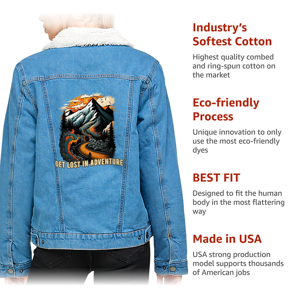 Women’s Sherpa Denim Jacket – “Lost In Adventure” – Landscape Print – Bright Blue - View 5