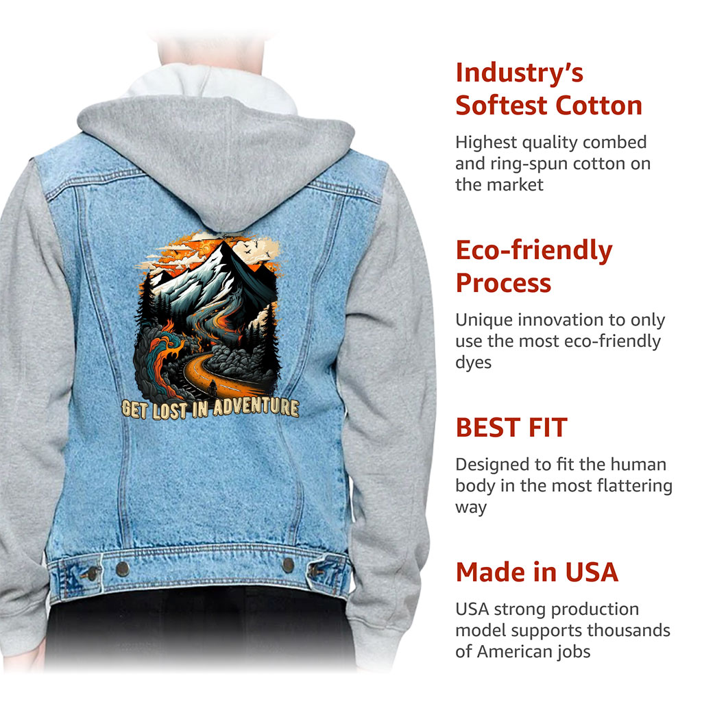 Men’s Denim Jacket with Fleece Hoodie – “Lost In Adventure” – Landscape Print – Blue & Gray - View 5