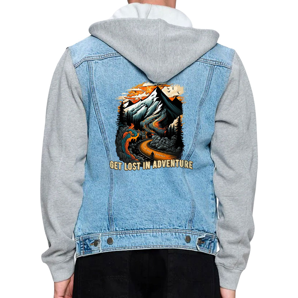 Men’s Denim Jacket with Fleece Hoodie – “Lost In Adventure” – Landscape Print – Blue & Gray