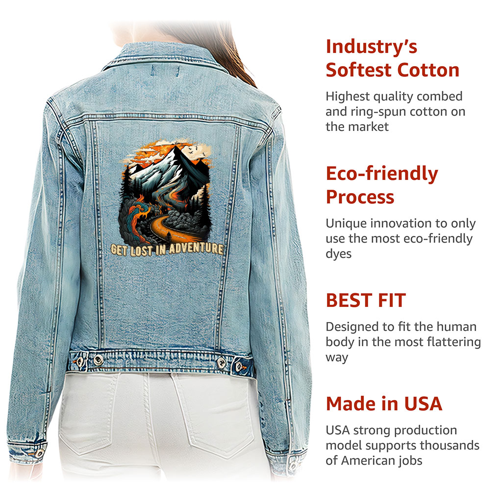 Ladies Casual Denim Jacket – “Lost In Adventure” – Landscape Print – Washed Blue - View 5