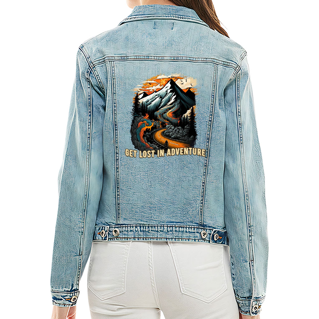 Ladies Casual Denim Jacket – “Lost In Adventure” – Landscape Print – Washed Blue