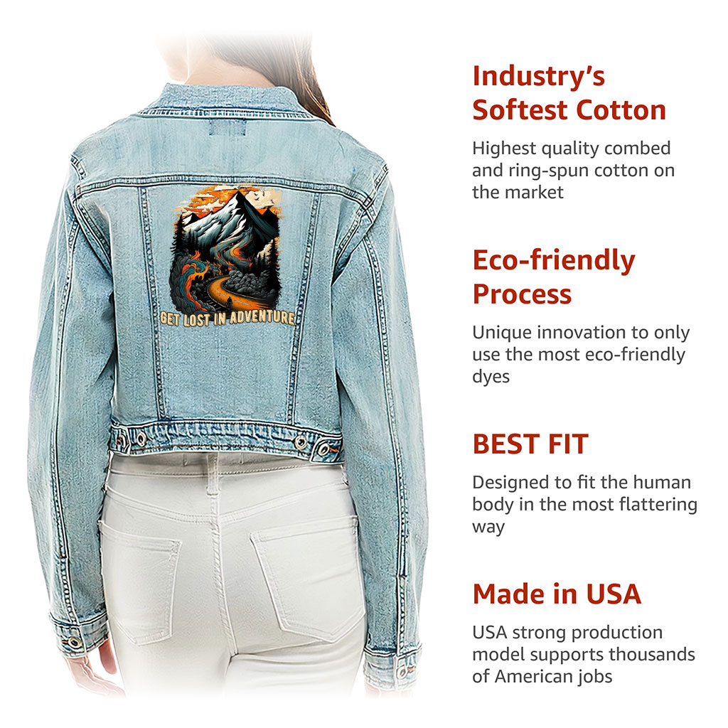 Cropped Ladies Denim Jacket – “Lost In Adventure” – Landscape Print – Washed Blue - View 5