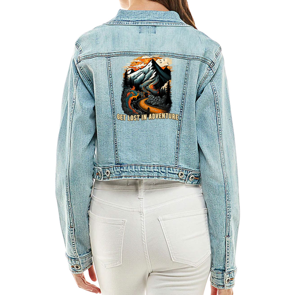 Cropped Ladies Denim Jacket – “Lost In Adventure” – Landscape Print – Washed Blue