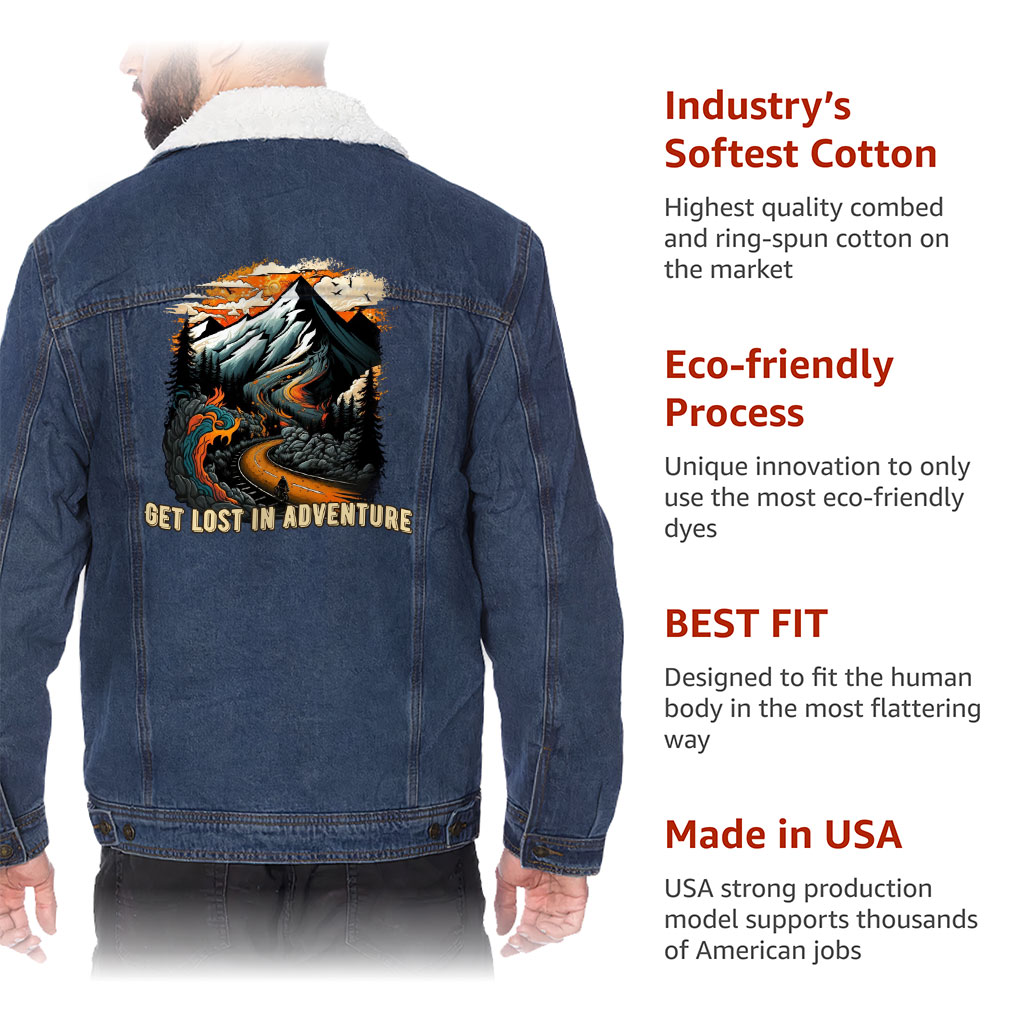 Men’s Sherpa-Lined Denim Jacket – “Lost In Adventure” – Landscape Print – Dark Blue - View 6
