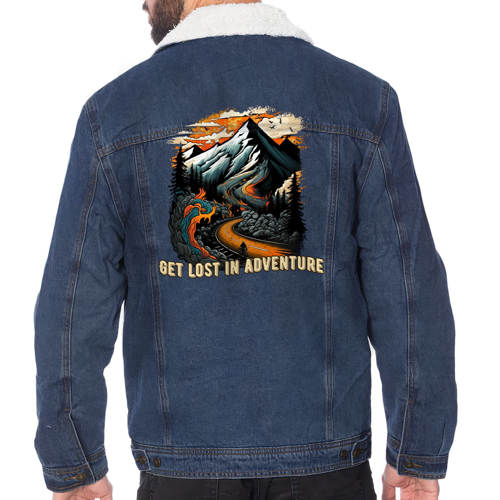 Men’s Sherpa-Lined Denim Jacket – “Lost In Adventure” – Landscape Print – Dark Blue