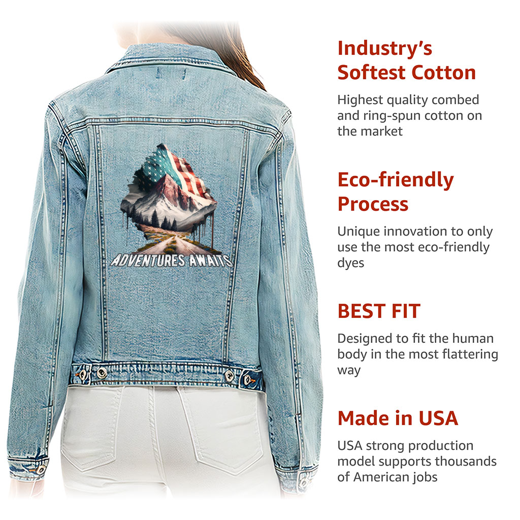 Ladies Casual Denim Jacket – “Adventure Awaits” – Flag Print – Washed Blue - View 5