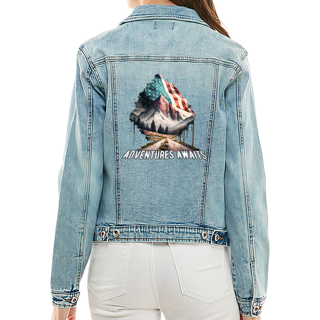 Ladies Casual Denim Jacket – “Adventure Awaits” – Flag Print – Washed Blue