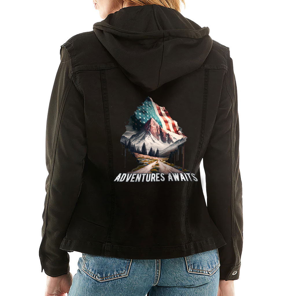 Ladies Denim Jacket with Fleece Hoodie – “Adventure Awaits” – Flag Print – Black Denim