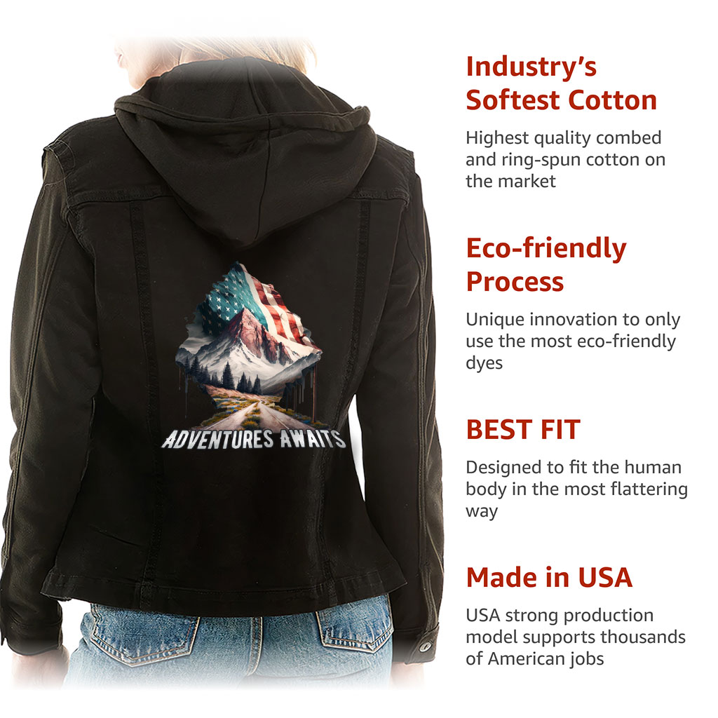 Ladies Denim Jacket with Fleece Hoodie – “Adventure Awaits” – Flag Print – Black Denim - View 5