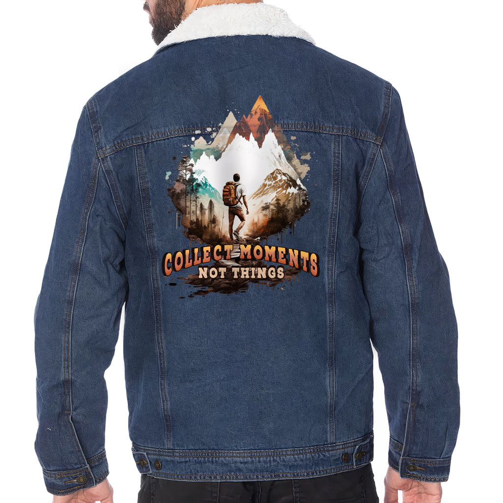 Men’s Sherpa-Lined Denim Jacket – “Collect Moments” – Mountains Print – Dark Blue