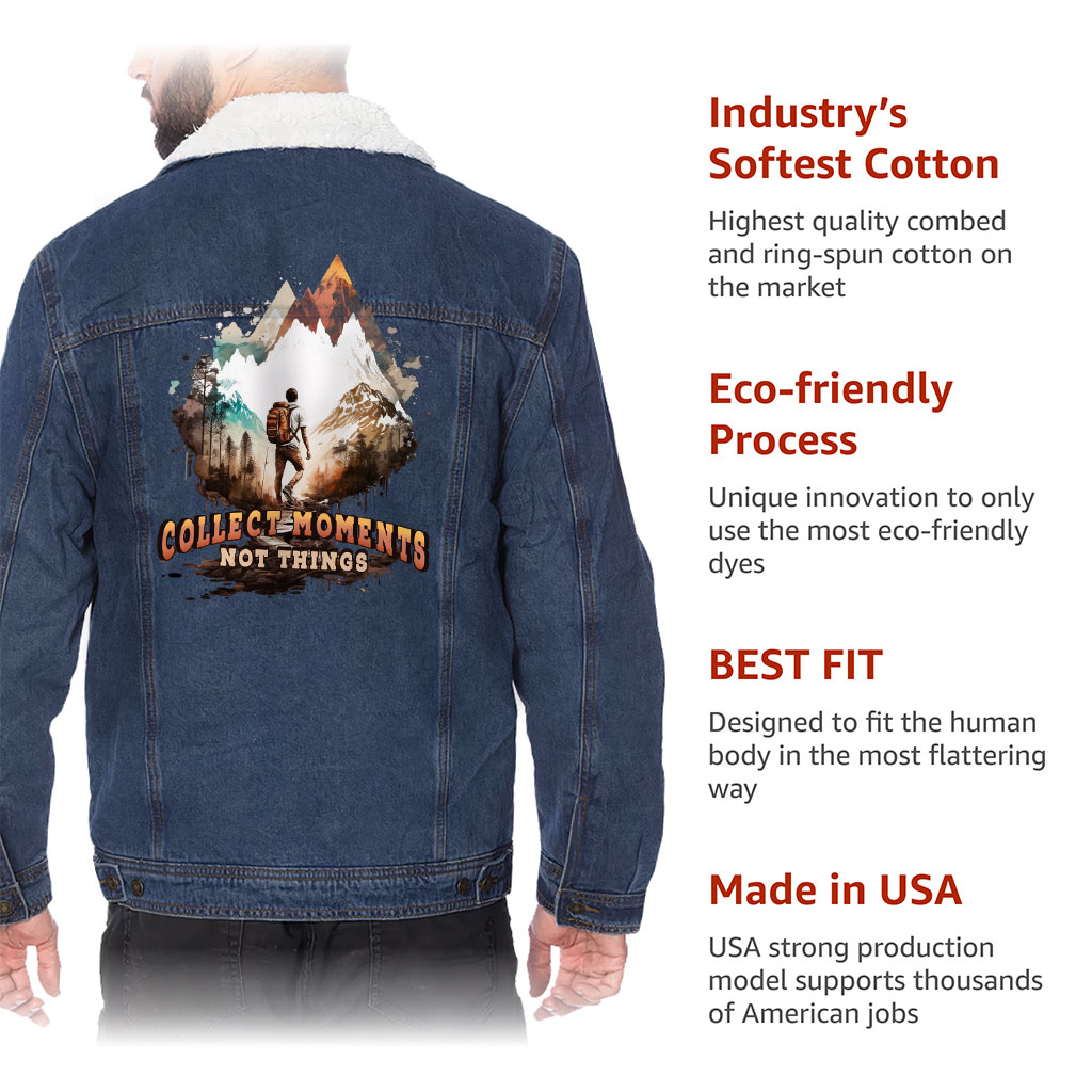 Men’s Sherpa-Lined Denim Jacket – “Collect Moments” – Mountains Print – Dark Blue - View 6