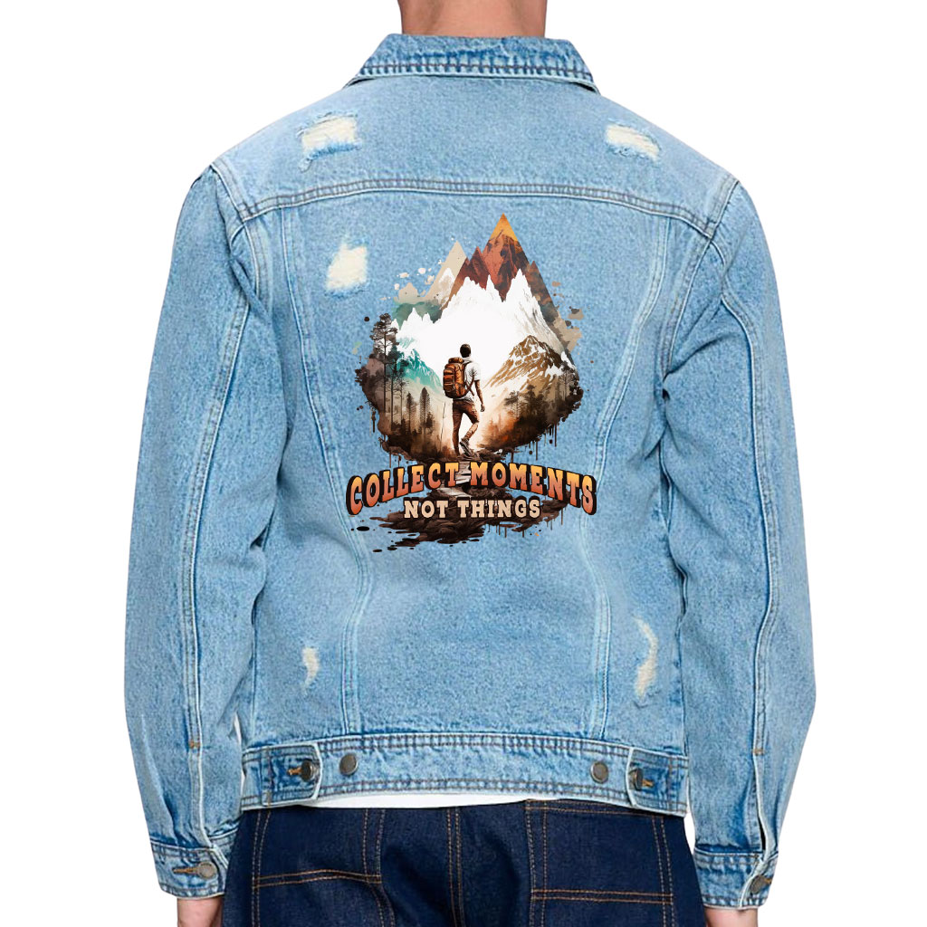 Men’s Distressed Denim Jacket – “Collect Moments” – Mountains Print – Light Blue