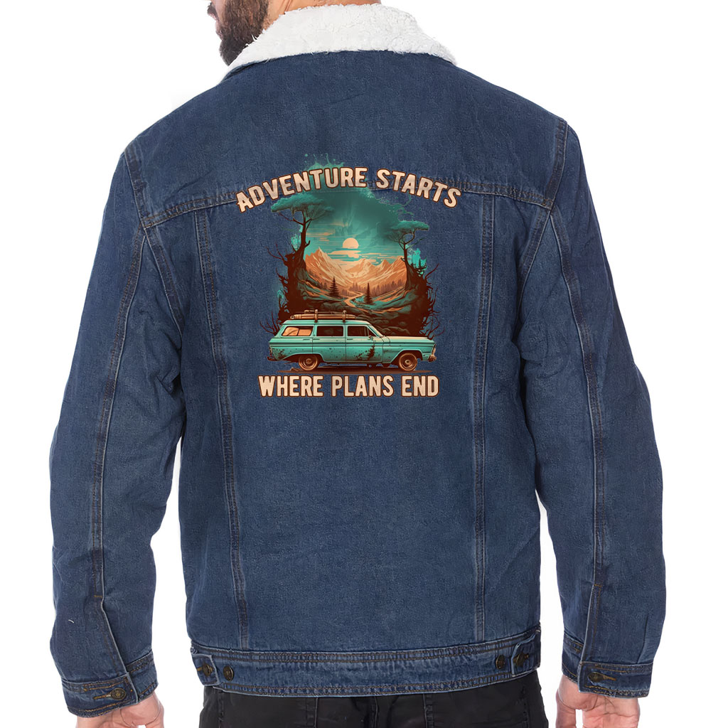 Men’s Sherpa-Lined Denim Jacket – “Adventure Starts” – Sunset Print – Dark Blue