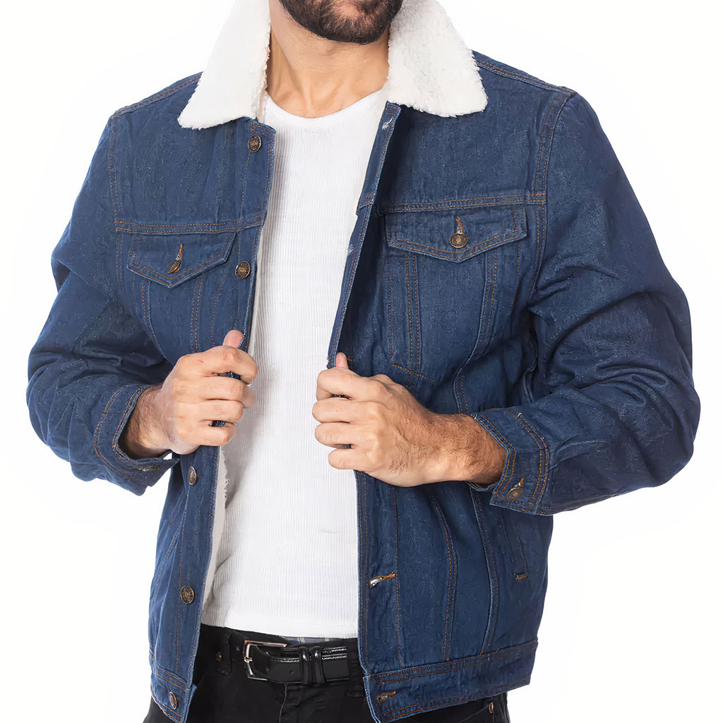 Men’s Sherpa-Lined Denim Jacket – “Adventure Starts” – Sunset Print – Dark Blue - View 3