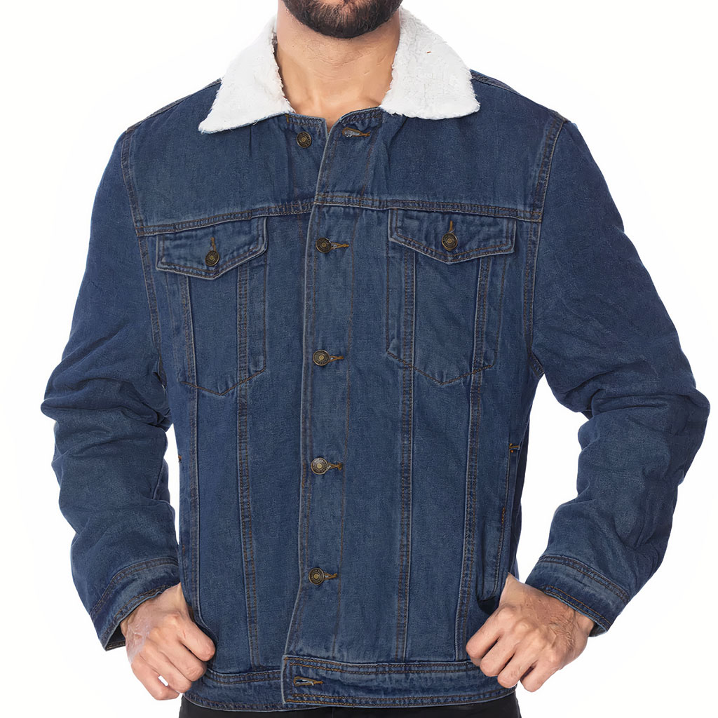 Men’s Sherpa-Lined Denim Jacket – “Adventure Starts” – Sunset Print – Dark Blue - View 2