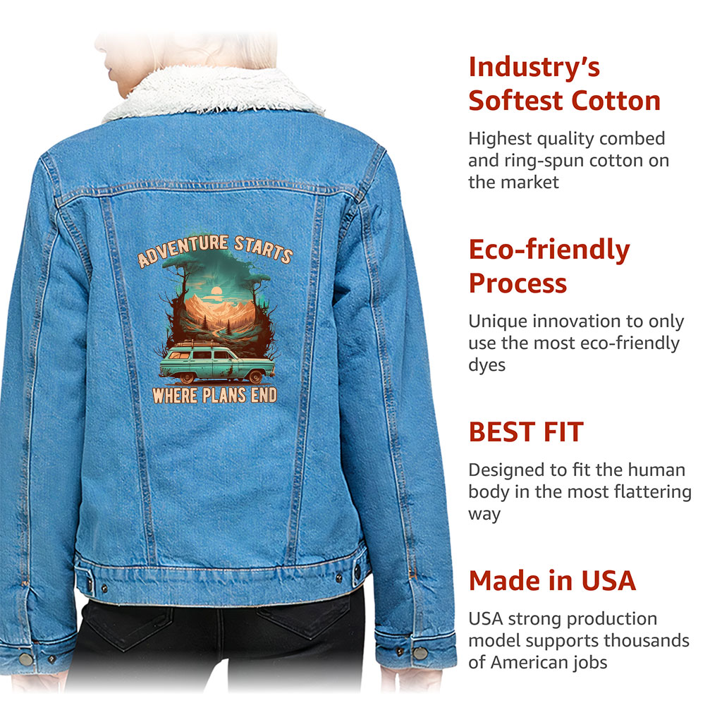 Women’s Sherpa Denim Jacket – “Adventure Starts” – Sunset Print – Bright Blue - View 5