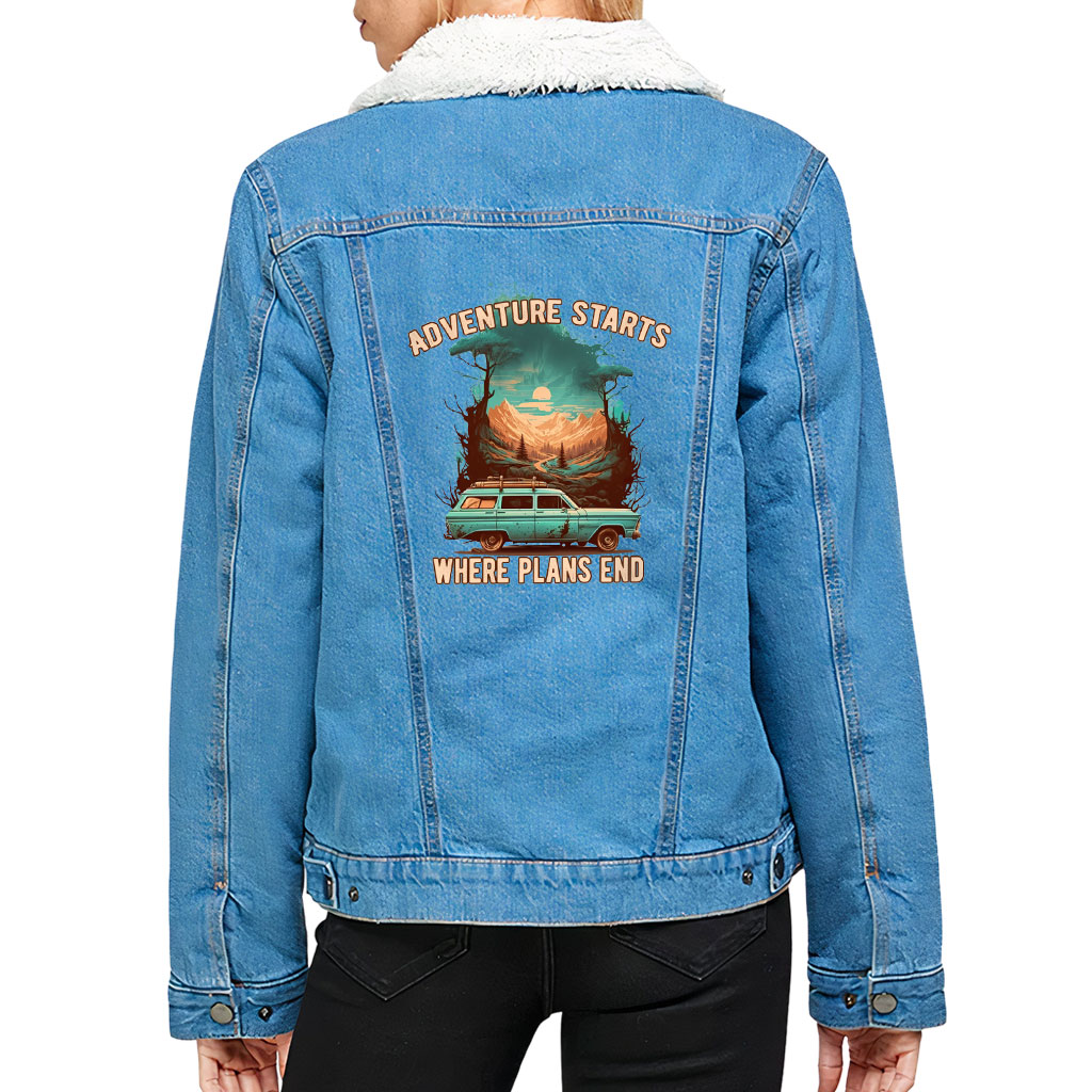 Women’s Sherpa Denim Jacket – “Adventure Starts” – Sunset Print – Bright Blue