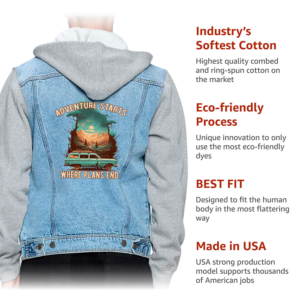 Men’s Denim Jacket with Fleece Hoodie – “Adventure Starts” – Sunset Print – Blue & Gray - View 5