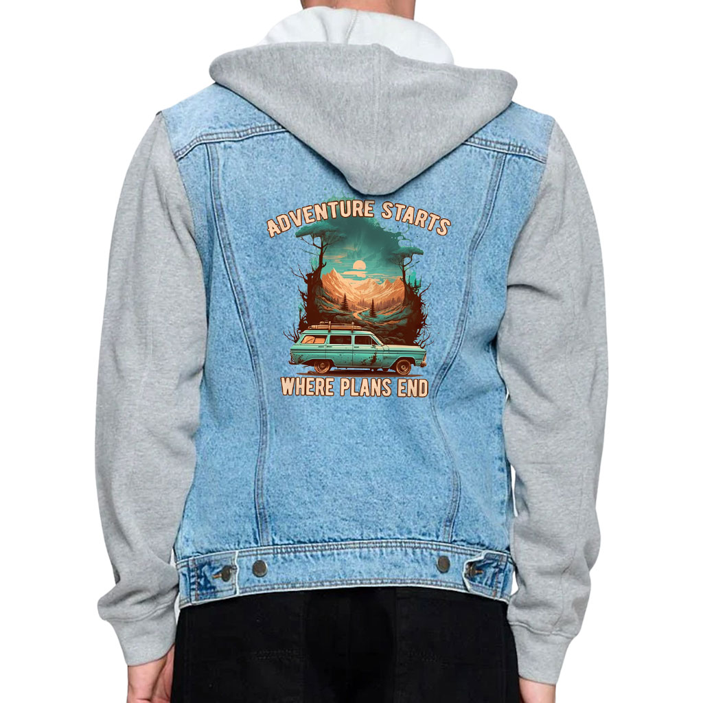 Men’s Denim Jacket with Fleece Hoodie – “Adventure Starts” – Sunset Print – Blue & Gray