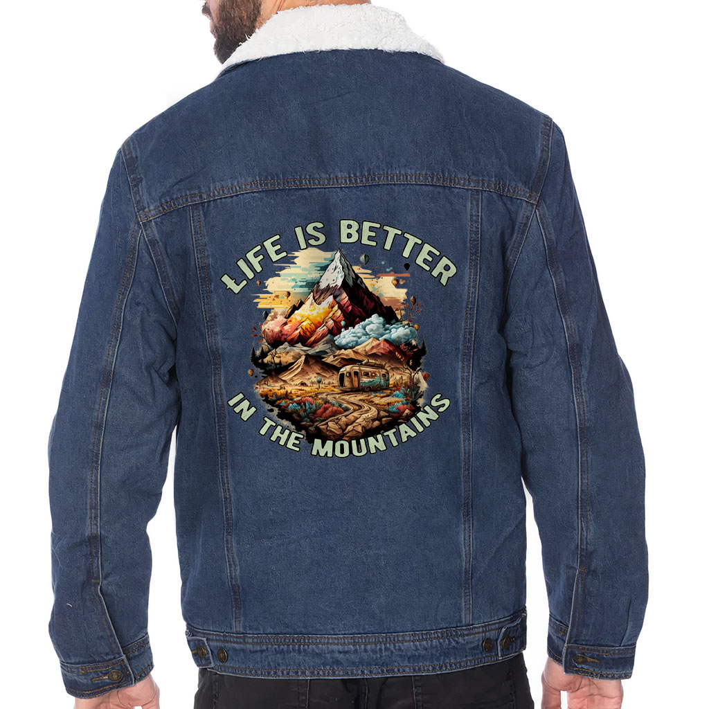 Men’s Sherpa-Lined Denim Jacket – “Mountain Lover” – Camping Print – Dark Blue
