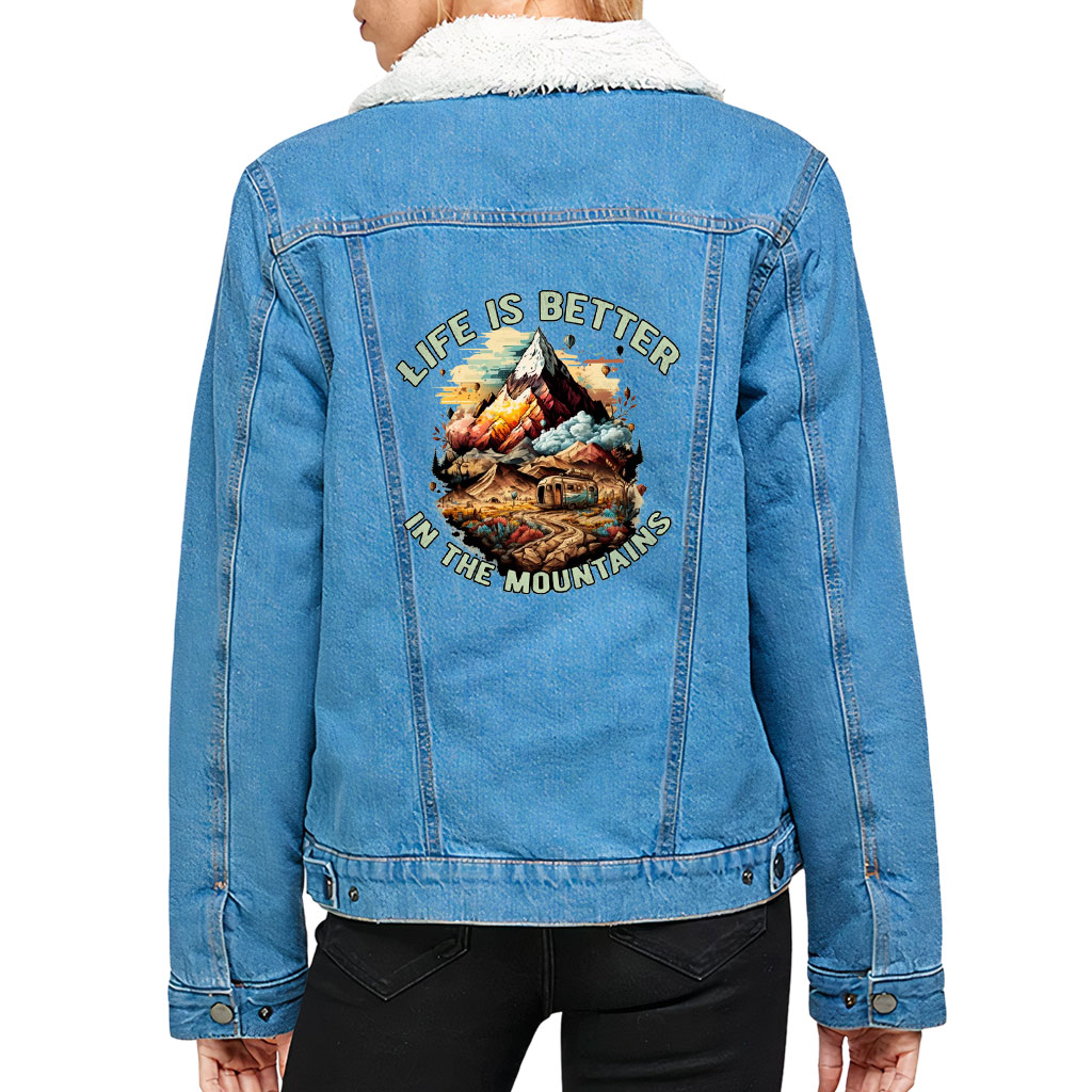 Women’s Sherpa Denim Jacket – “Mountain Lover” – Camping Print – Bright Blue