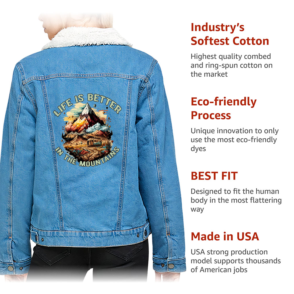 Women’s Sherpa Denim Jacket – “Mountain Lover” – Camping Print – Bright Blue - View 5