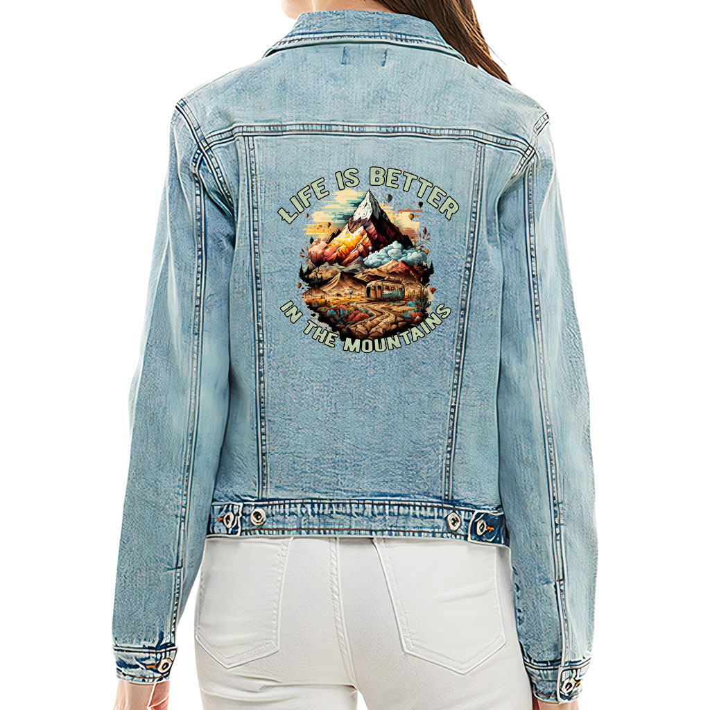 Ladies Casual Denim Jacket – “Mountain Lover” – Camping Print – Washed Blue