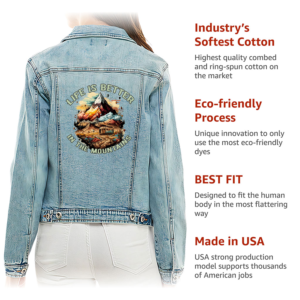 Ladies Casual Denim Jacket – “Mountain Lover” – Camping Print – Washed Blue - View 5