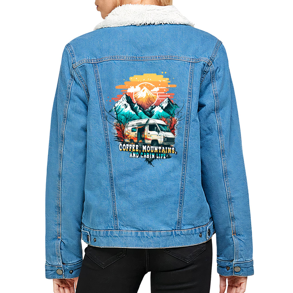 Women’s Sherpa Denim Jacket – “Coffee and Mountains” – Camping Print – Bright Blue