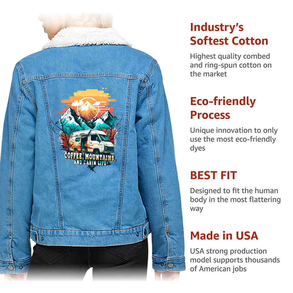 Women’s Sherpa Denim Jacket – “Coffee and Mountains” – Camping Print – Bright Blue - View 5