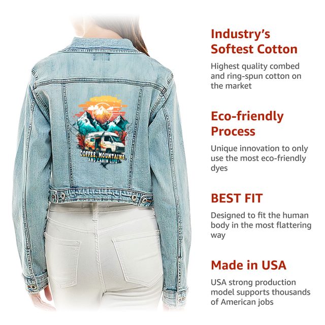 Detailed look at Cropped Ladies Denim Jacket – “Coffee and Mountains” – Camping Print – Washed Blue - image 4 (product view)