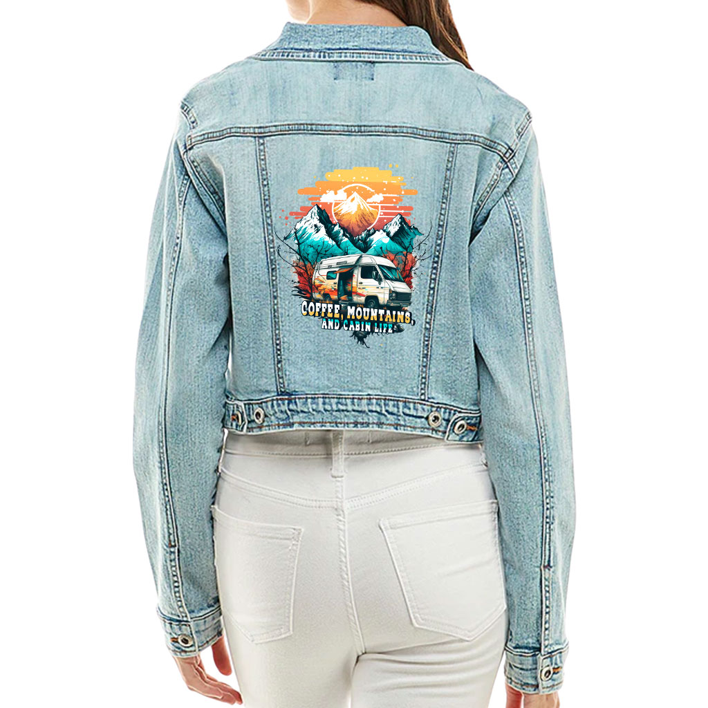 Image of Cropped Ladies Denim Jacket – “Coffee and Mountains” – Camping Print – Washed Blue - view 0 (product view)