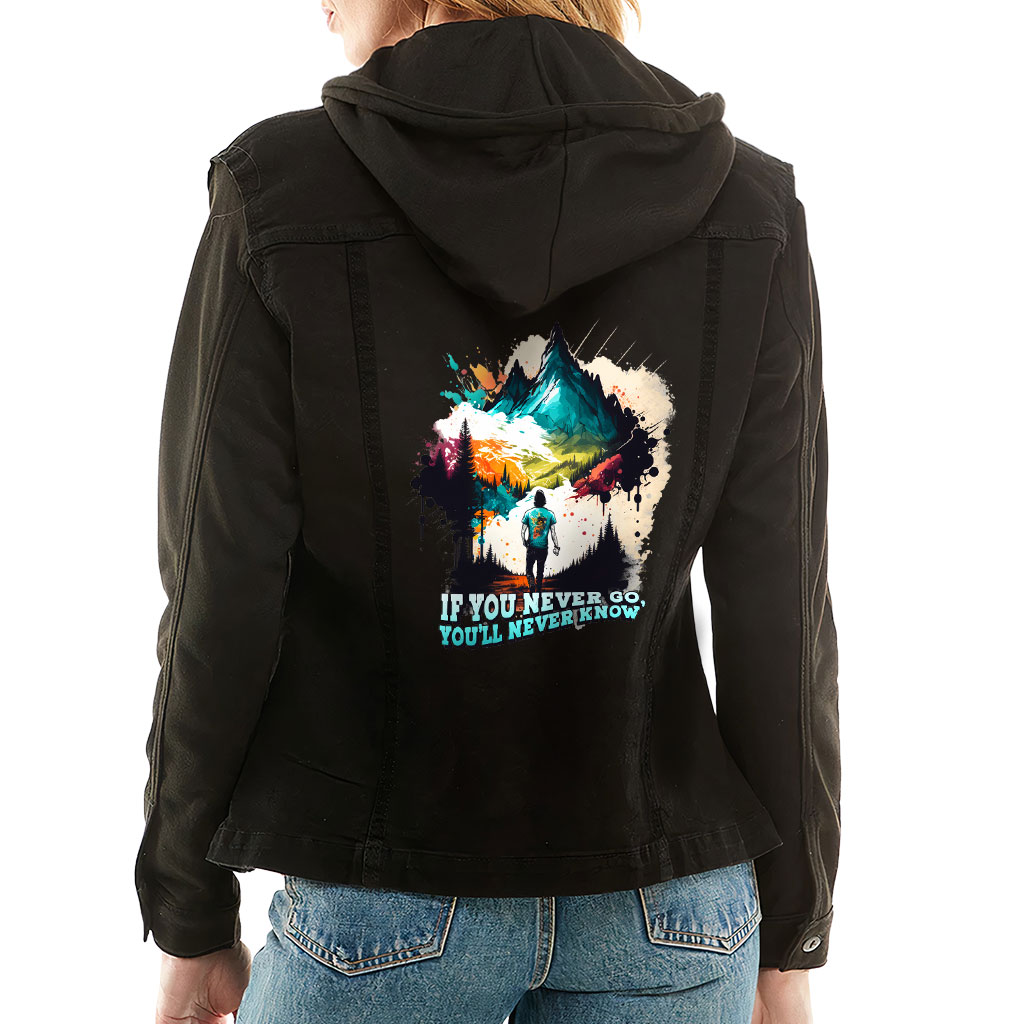Ladies Denim Jacket with Fleece Hoodie – “Adventure Is Calling” – Traveler Print – Black Denim