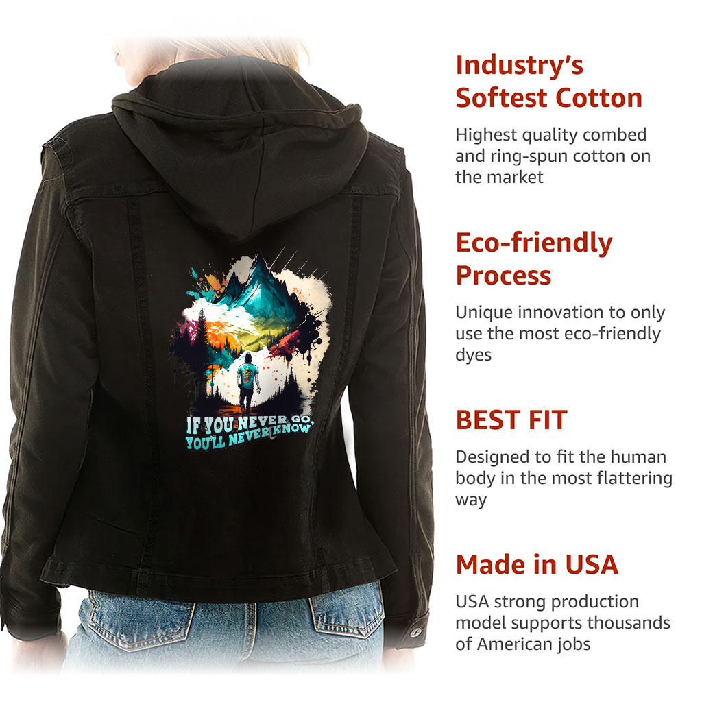 Ladies Denim Jacket with Fleece Hoodie – “Adventure Is Calling” – Traveler Print – Black Denim - View 5