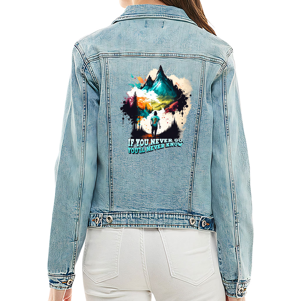 Ladies Casual Denim Jacket – “Adventure Is Calling” – Traveler Print – Washed Blue