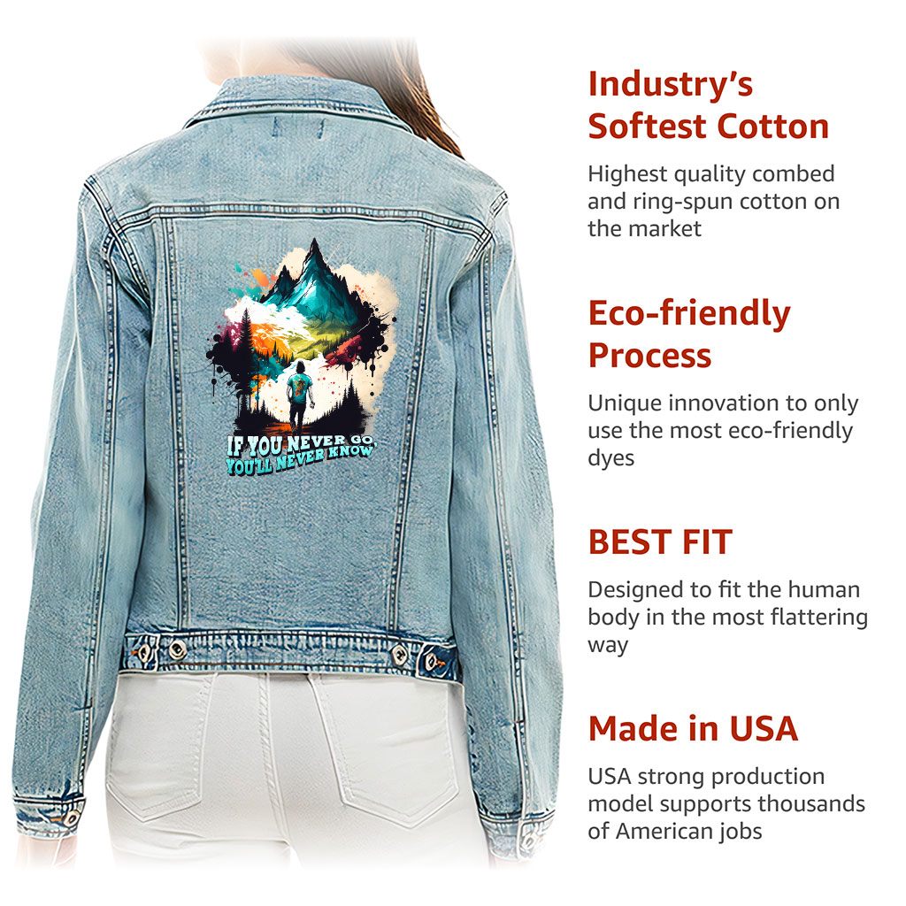 Ladies Casual Denim Jacket – “Adventure Is Calling” – Traveler Print – Washed Blue - View 5
