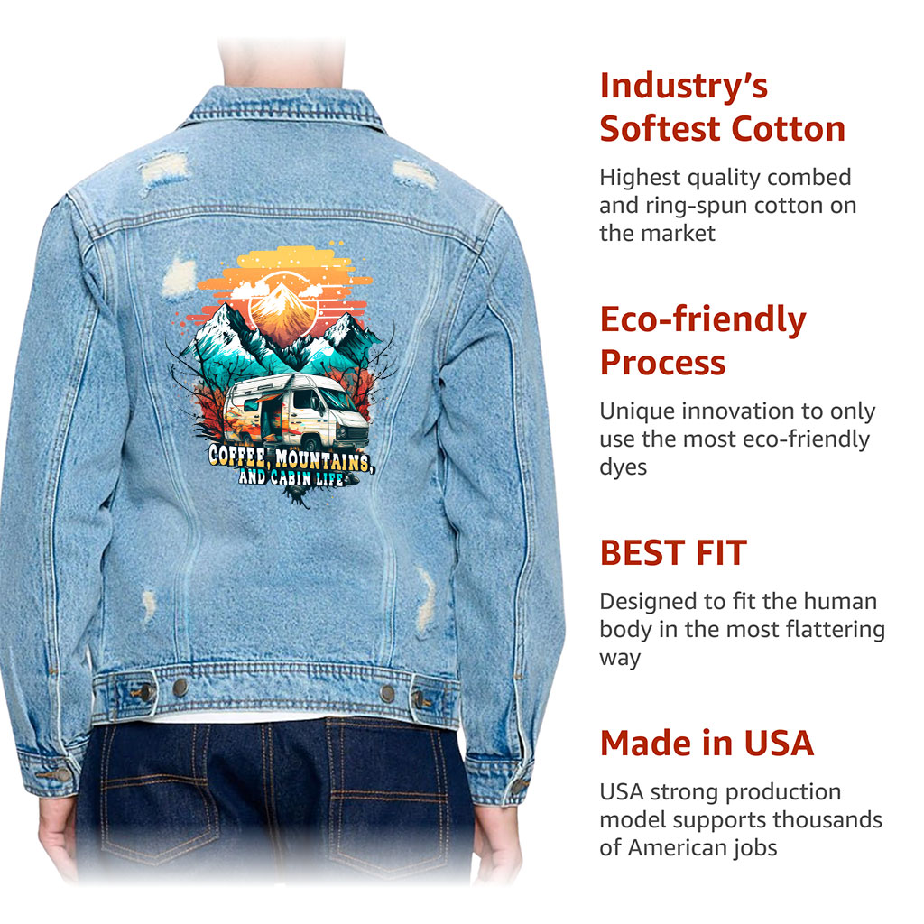Men’s Distressed Denim Jacket – “Coffee and Mountains” – Camping Print – Light Blue - View 5