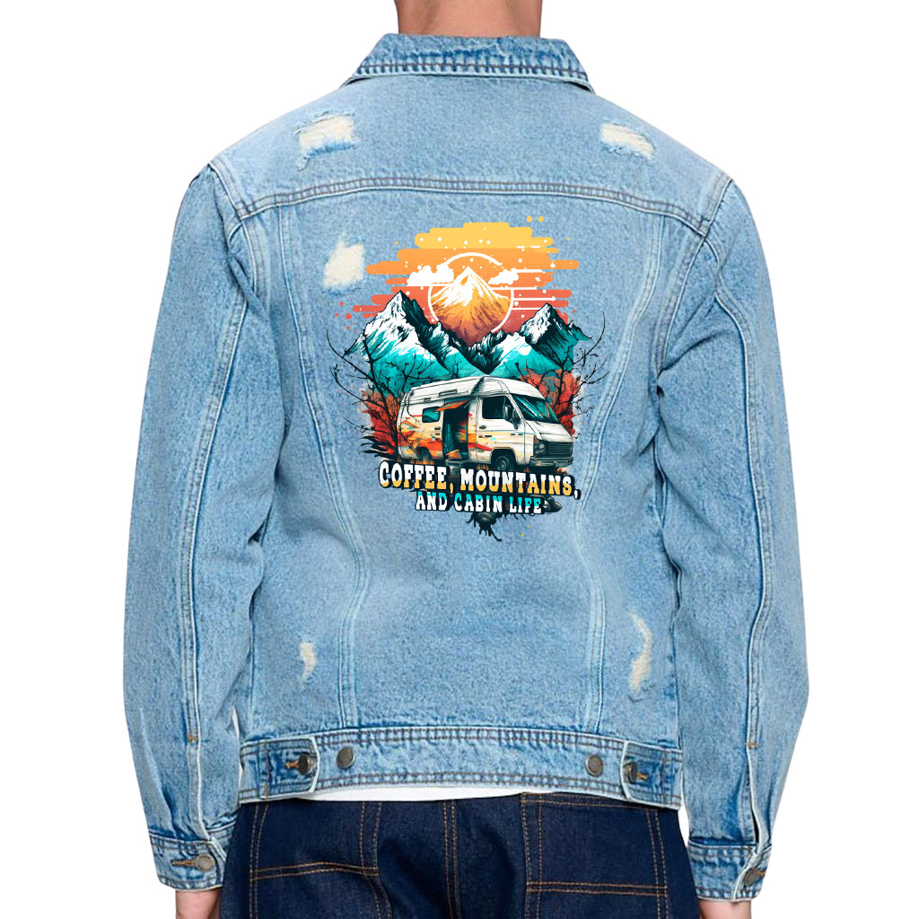 Men’s Distressed Denim Jacket – “Coffee and Mountains” – Camping Print – Light Blue