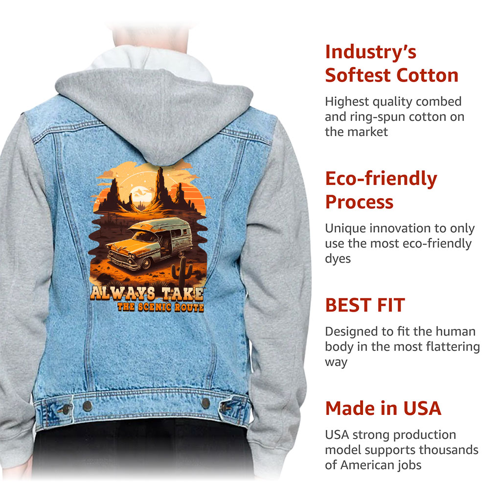 Men’s Denim Jacket with Fleece Hoodie – “Scenic Route” – Desert Print – Blue & Gray - View 5