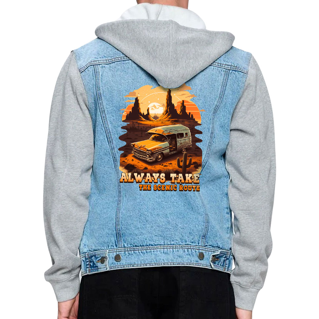 Men’s Denim Jacket with Fleece Hoodie – “Scenic Route” – Desert Print – Blue & Gray