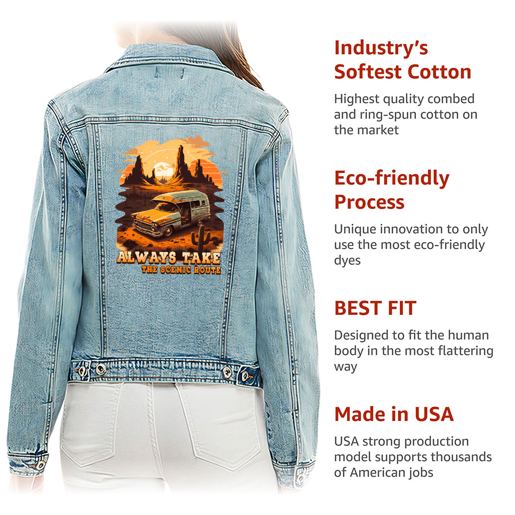 Ladies Casual Denim Jacket – “Scenic Route” – Desert Print – Washed Blue - View 5