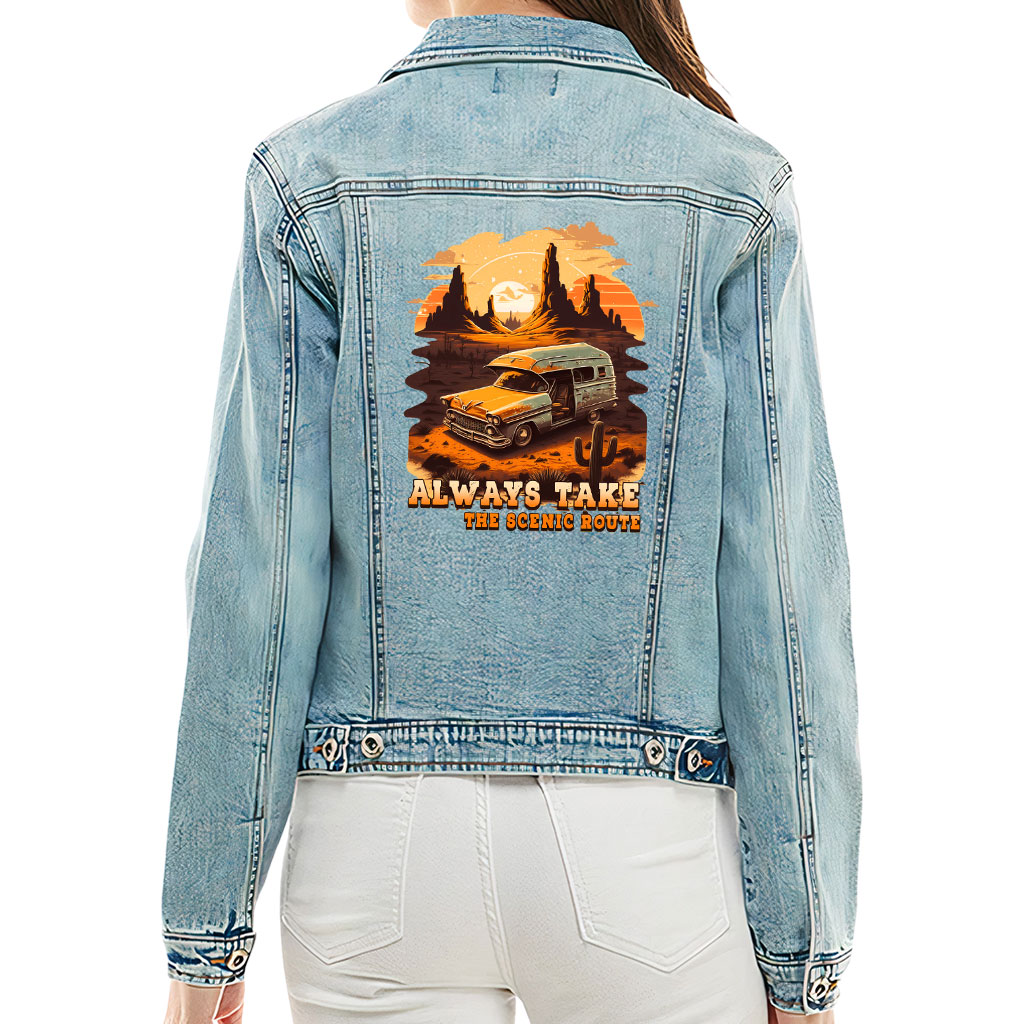 Ladies Casual Denim Jacket – “Scenic Route” – Desert Print – Washed Blue