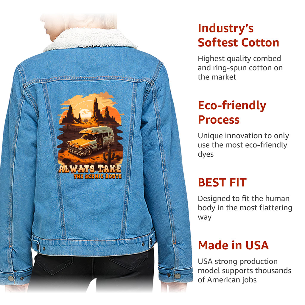Women’s Sherpa Denim Jacket – “Scenic Route” – Desert Print – Bright Blue - View 5