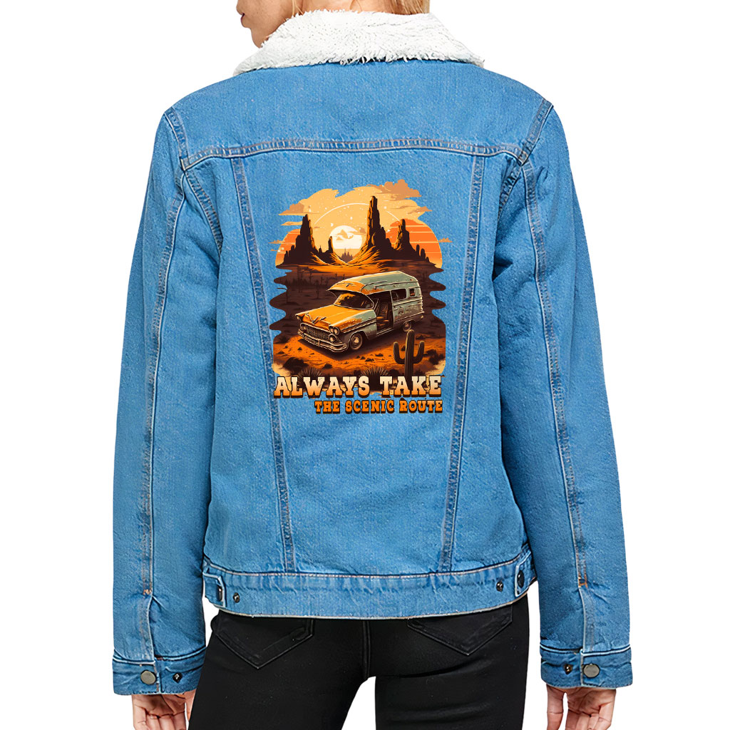 Women’s Sherpa Denim Jacket – “Scenic Route” – Desert Print – Bright Blue