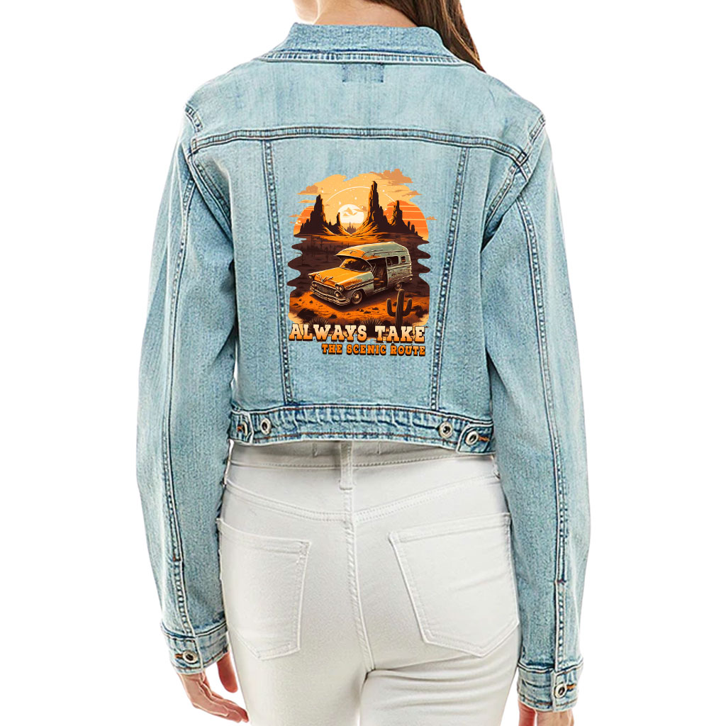 Cropped Ladies Denim Jacket – “Scenic Route” – Desert Print – Washed Blue