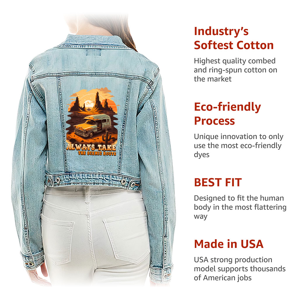 Cropped Ladies Denim Jacket – “Scenic Route” – Desert Print – Washed Blue - View 5